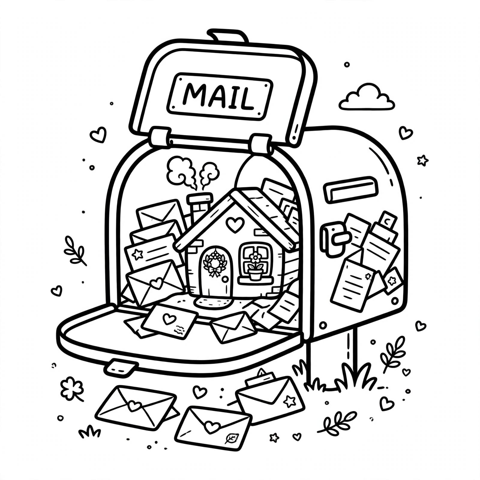Coloring book sample page: mailbox pocket home