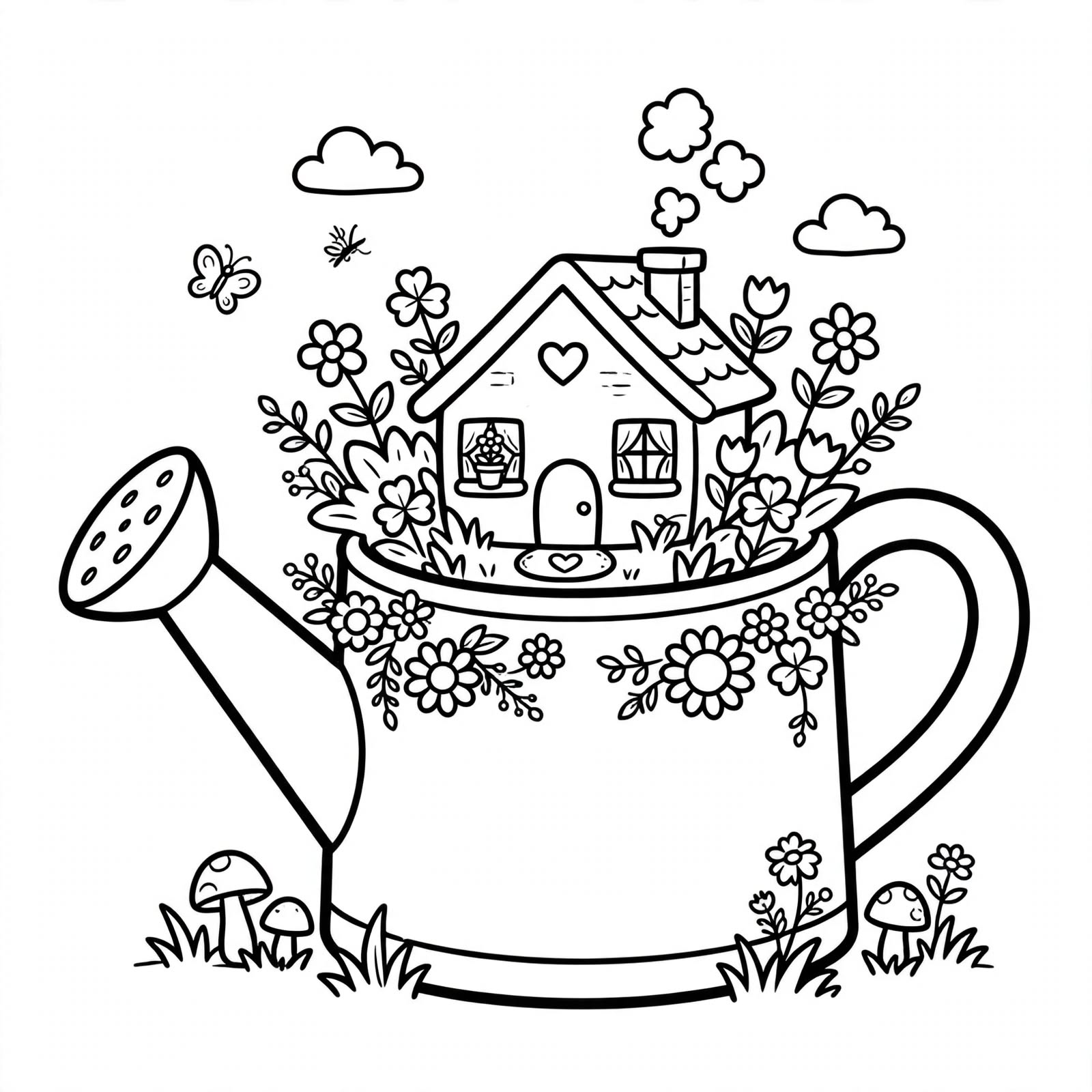 Coloring book sample page: teapot garden home