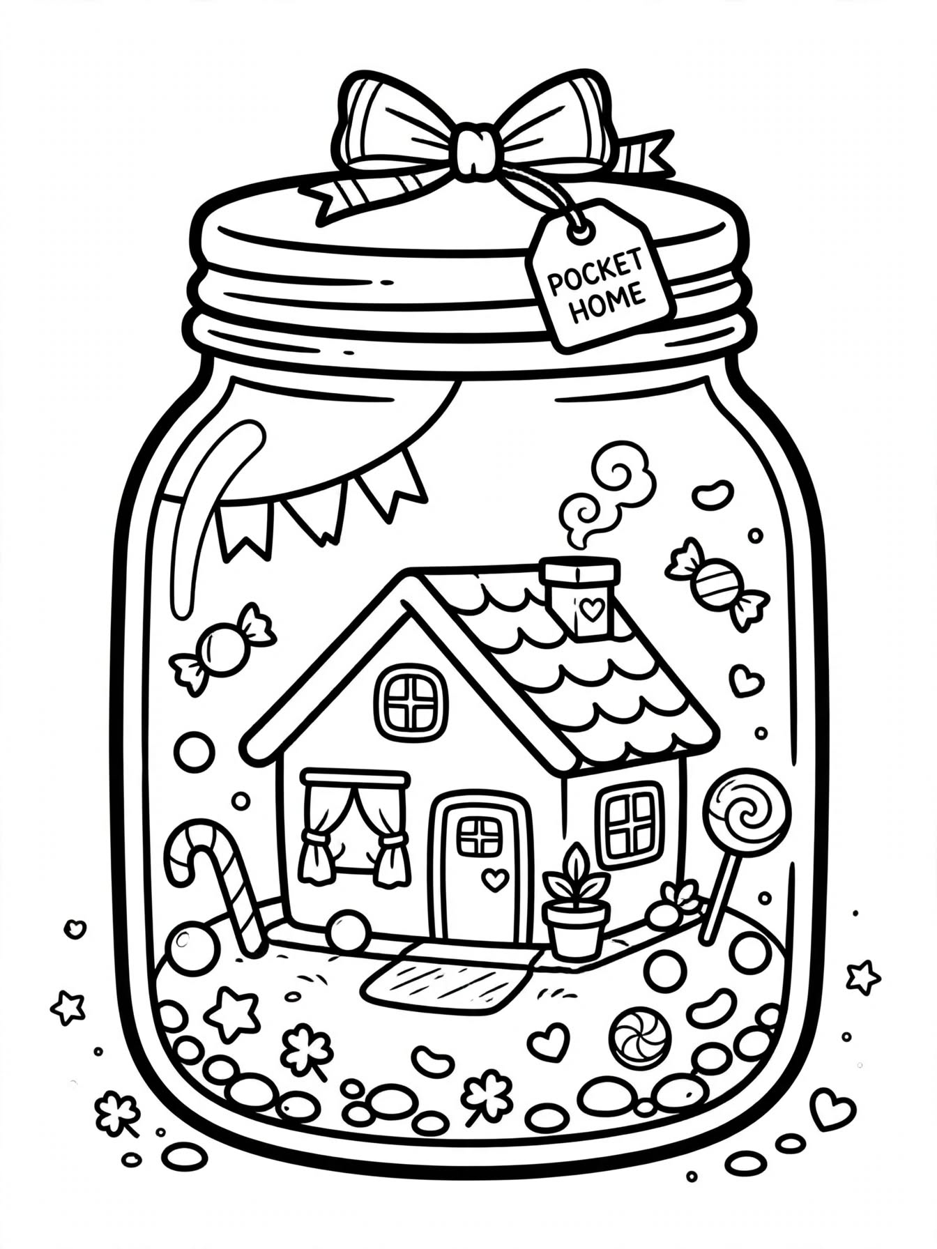 Coloring book sample page: tiny home in a jar